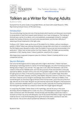 Tolkien As a Writer for Young Adults by Jessica Yates