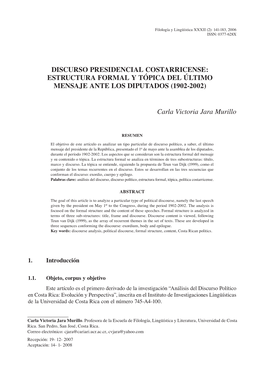 Discurso Presidencial Costarricense: Estructura Formal Y Tópica Del Último Mensaje Ante Los Diputados (1902-2002)