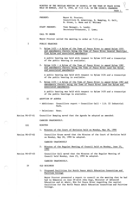 MINUTES of the REGULAR MEETING of COUNCIL of the TOWN of PEACE RIVER HELD on MONDAY, JULY 9, 1990, at 7:15 P.M