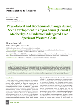 Physiological and Biochemical Changes During Seed Development in Hopea Ponga (Dennst.) Mabberley: an Endemic Endangered Tree Species of Western Ghats