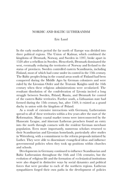 NORDIC and BALTIC LUTHERANISM Eric Lund in the Early