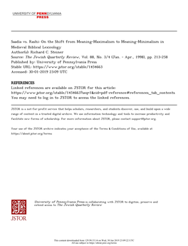 Saadia Vs. Rashi: on the Shift from Meaning-Maximalism to Meaning-Minimalism in Medieval Biblical Lexicology Author(S): Richard C