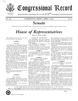 Congressional Record United States Th of America PROCEEDINGS and DEBATES of the 113 CONGRESS, SECOND SESSION