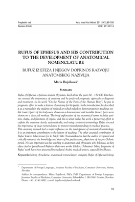 Rufus of Ephesus and His Contribution to the Development of Anatomical Nomenclature Rufuz Iz Efeza I Njegov Doprinos Razvoju Anatomskog Nazivlja