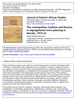 Journal of Eastern African Studies the Cosmopolitan Tradition and Fissures in Segregationist Town Planning in Nairobi, 1915–23