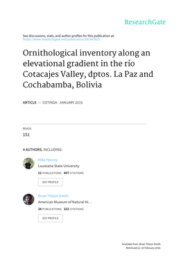 Ornithological Inventory Along an Elevational Gradient in the Río Cotacajes Valley, Dptos