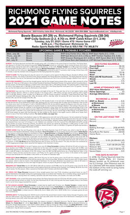 Bowie Baysox (41-29) Vs. Richmond Flying Squirrels (38-34) RHP Cody Sedlock (2-2, 4.70) Vs