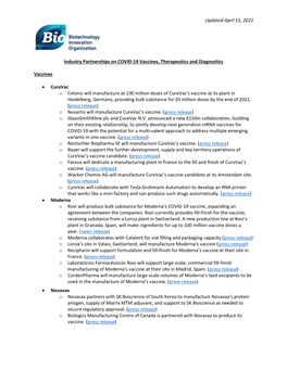 Updated April 15, 2021 Industry Partnerships on COVID-19