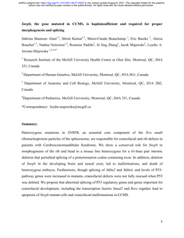 Snrpb, the Gene Mutated in CCMS, Is Haploinsufficient and Required for Proper Morphogenesis and Splicing