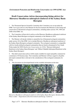 For Illawarra–Shoalhaven Subtropical Rainforest of the Sydney Basin Bioregion
