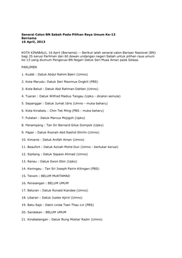 Senarai Calon BN Sabah Pada Pilihan Raya Umum Ke-13 Bernama 16 April, 2013