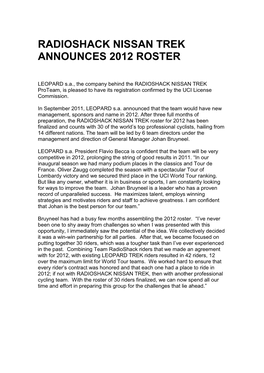 Radioshack Nissan Trek Announces 2012 Roster