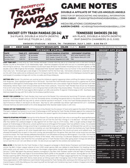 Game Notes Double-A Affiliate of the Los Angeles Angels Director of Broadcasting and Baseball Information: Josh Caray - Jcaray@Trashpandasbaseball.Com