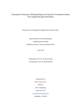 Unbounded Christianity: Defining Religion for Oneself in Nineteenth-Century New England Through Adin Ballou