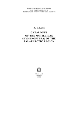 Catalogue of the Mutillidae (Hymenoptera) of the Palaearctic Region