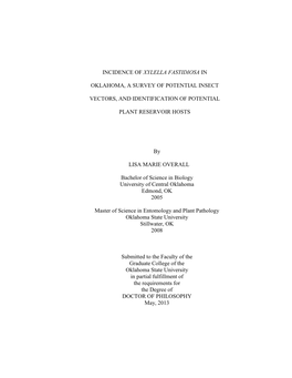 Incidence of Xylella Fastidiosa in Oklahoma, a Survey of Potential Insect Vectors, and Identification of Potential Plant Reservoir Hosts