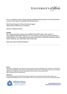 Ring Opening Metathesis Polymerisation of a New Bio-Derived Monomer from Itaconic Anhydride and Furfuryl Alcohol