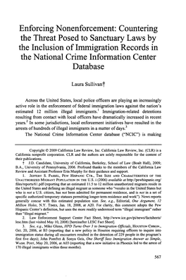 Enforcing Nonenforcement: Countering the Threat Posed to Sanctuary Laws by the Inclusion of Immigration Records in the National Crime Information Center Database