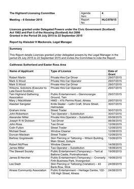 Licences Granted Under Delegated Powers