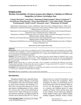 Original Article Baseline Susceptibility of Culiseta Longiareolata (Diptera: Culicidae) to Different Imagicides, in Eastern Azerbaijan, Iran