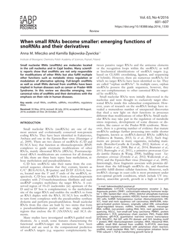 When Small Rnas Become Smaller: Emerging Functions of Snornas and Their Derivatives Anna M