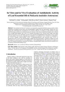 In Vitro and in Vivo Evaluation of Antidiabetic Activity of Leaf Essential Oil of Pulicaria Inuloides-Asteraceae