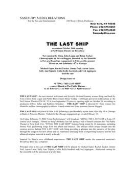 THE LAST SHIP Announces October 26Th Opening at Neil Simon Theatre on Broadway