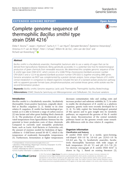 Complete Genome Sequence of Thermophilic Bacillus Smithii Type Strain DSM 4216T Elleke F