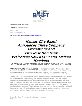 September 7, 2018 Kansas City Ballet Announces New Dancers for 2018