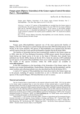 Fungus Gnats (Diptera: Sciaroidea) of the Gemer Region (Central Slovakia): Part 2 – Mycetophilidae