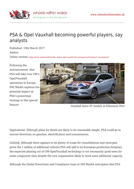 PSA & Opel Vauxhall Becoming Powerful Players, Say Analysts