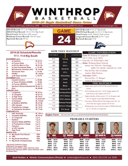 2019-20 Eagle Basketball Game Notes PROBABLE STARTERS