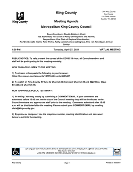 King County King County Courthouse 516 Third Avenue Seattle, WA 98104 Meeting Agenda Metropolitan King County Council
