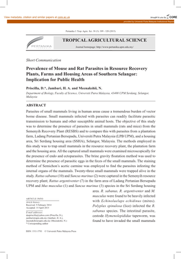 TROPICAL AGRICULTURAL SCIENCE Prevalence of Mouse