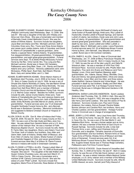 Kentucky Obituaries the Casey County News 2006