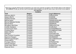 Club Region Log in Reference Arlecdon ARLFC Cumbria CARLECDON Askam ARLFC Cumbria CASKAM Aspatria Hornets Cumbria CASPATRIA Barr