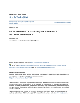 Oscar James Dunn: a Case Study in Race & Politics in Reconstruction