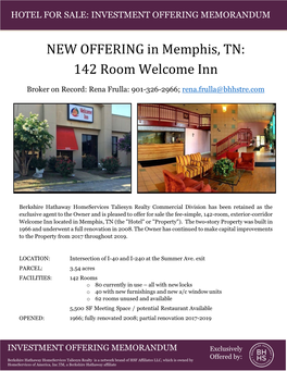 NEW OFFERING in Memphis, TN: 142 Room Welcome Inn