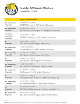 Spielplan EWE Baskets Oldenburg Saison 2021/2022