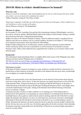 2014/18: Risks in Cricket: Should Bouncers Be Banned? File:///C:/Dpfinal/Schools/Doca2014/2014Bouncers/2014Bouncers.Php