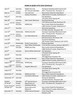 Nema & Nema Lites 2016 Schedule