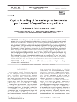 Captive Breeding of the Endangered Freshwater Pearl Mussel Margaritifera Margaritifera