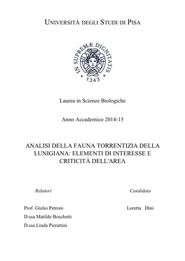 Analisi Della Fauna Torrentizia Della Lunigiana: Elementi Di Interesse E Criticità Dell'area