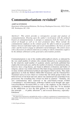 Communitarianism Revisited* AMITAI ETZIONI Department of International Relations, the George Washington University, 1922 F Street NW, Washington, DC, USA