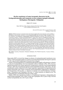 On the Consistency of Some Taxonomic Characters in the Scolopendromorpha and Comments on the Scolopocryptopid Subfamily Kethopinae (Myriapoda: Chilopoda)