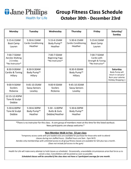 Group Fitness Class Schedule October 30Th - December 23Rd