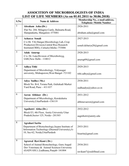 Assocition of Microbiologists of India List of Life Members