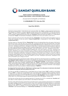 UZBEK INDUSTRIAL and CONSTRUCTION BANK” (Incorporated in the Republic of Uzbekistan) U.S.$300,000,000 5.75% Notes Due 2024 ______Issue Price 98.934% ______