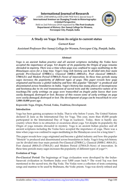 International Journal of Research a Study on Yoga: from Its Origin to Current Status