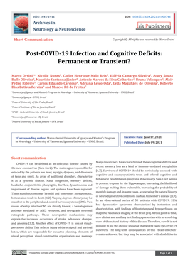 Post-COVID-19 Infection and Cognitive Deficits: Permanent Or Transient?